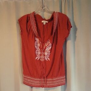 Dress Barn Crimson Blouse with White Embroidery